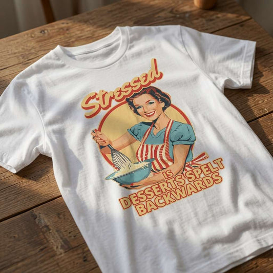 White Stressed is Desserts Spelt Backwards t-shirt laid flat on a wooden surface showing the full retro baking graphic, funny and witty ladies slogan design