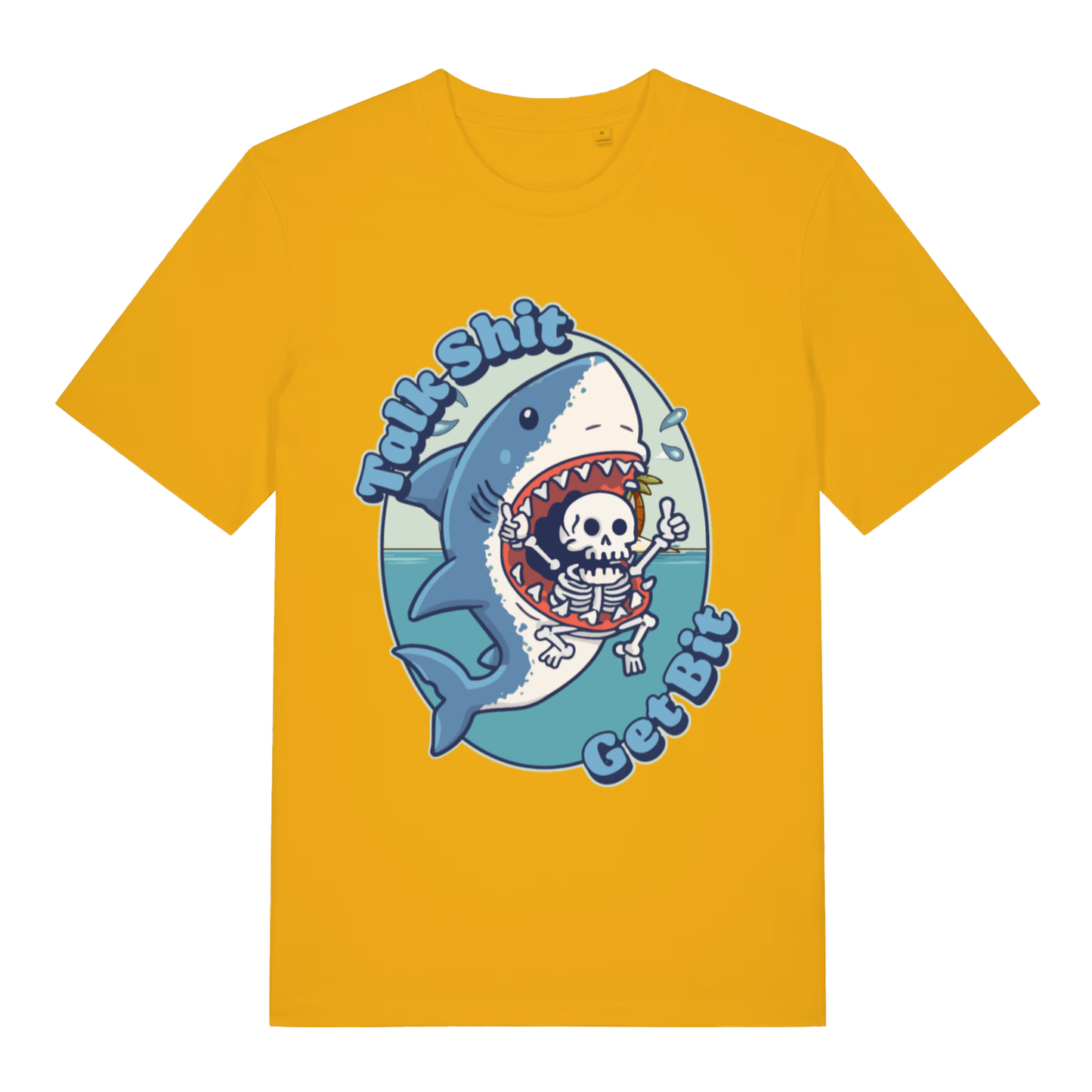 Yellow Talk Shit Get Bit women’s funny graphic t-shirt featuring classic cheeky shark banter