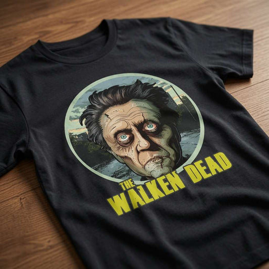 Black The Walken Dead t-shirt laid flat on a wooden surface featuring a zombie Christopher Walken graphic, mens silly and witty zombie walker pun shirt