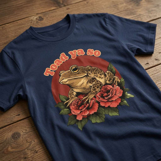 Navy Toad Ya So t-shirt laid flat on a wooden surface showing the full toad and roses graphic, cheeky and humorous animal pun design that every no-nonsense lady will claim