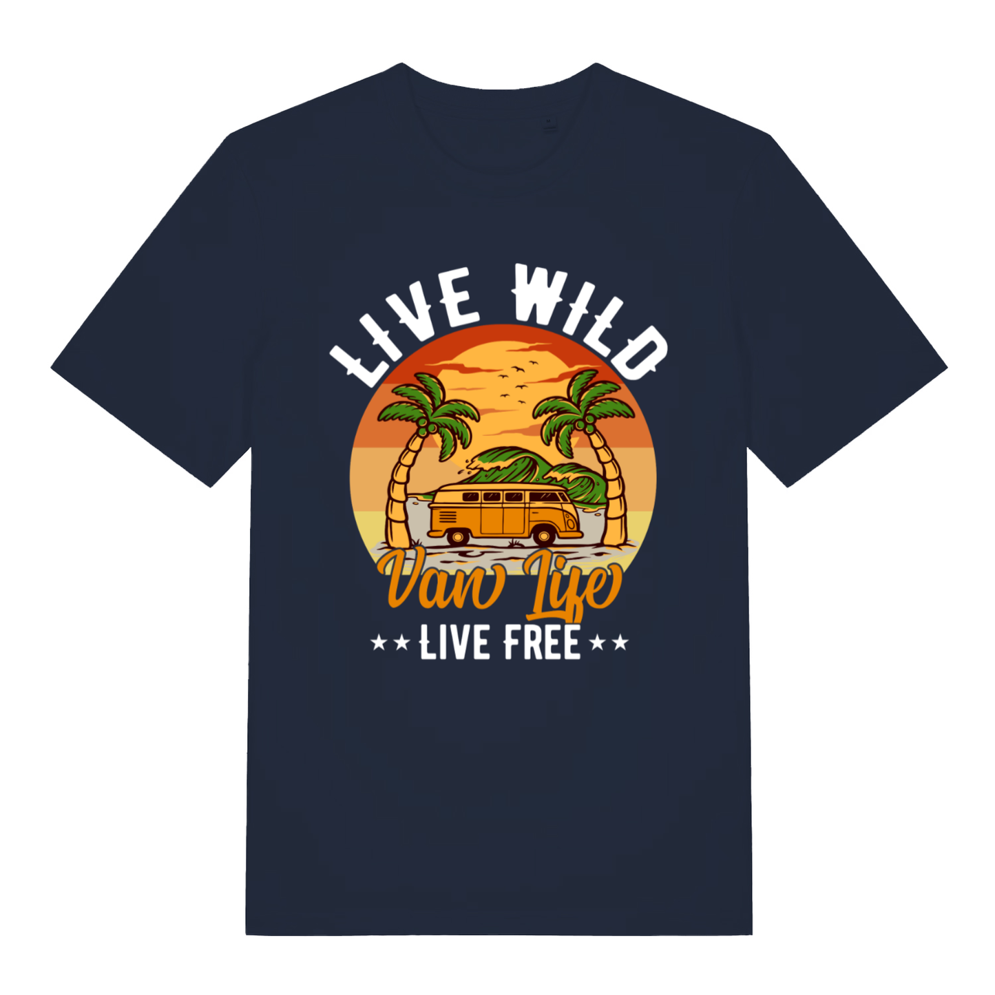 Navy Van Life Wild women’s funny graphic t-shirt showing classic retro camping van design