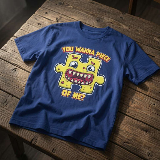 Blue You Wanna Piece of Me? t-shirt laid flat on a wooden surface showing the full cartoon jigsaw monster graphic, fun and cheeky humorous mens jigsaw pun design full of pure attitude