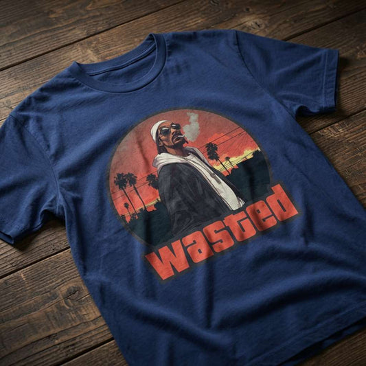 Blue Wasted t-shirt laid flat on a wooden surface showing the full Snoop Dogg-inspired graphic and “Wasted” text, witty dogg mens gaming design full of pure attitude