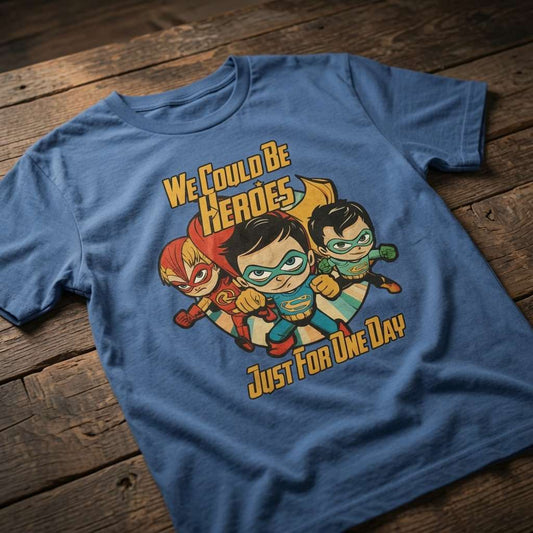 Blue We Could Be Heroes Just for One Day t-shirt laid flat on a wooden surface featuring three cartoon superheroes, mens music-inspired hero design