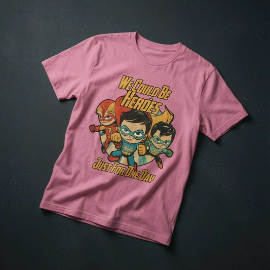 Pink We Could Be Heroes Just for One Day t-shirt laid flat showing the full cartoon superheroes graphic, music-inspired hero graphic ladies shirt that every no-nonsense lady will claim