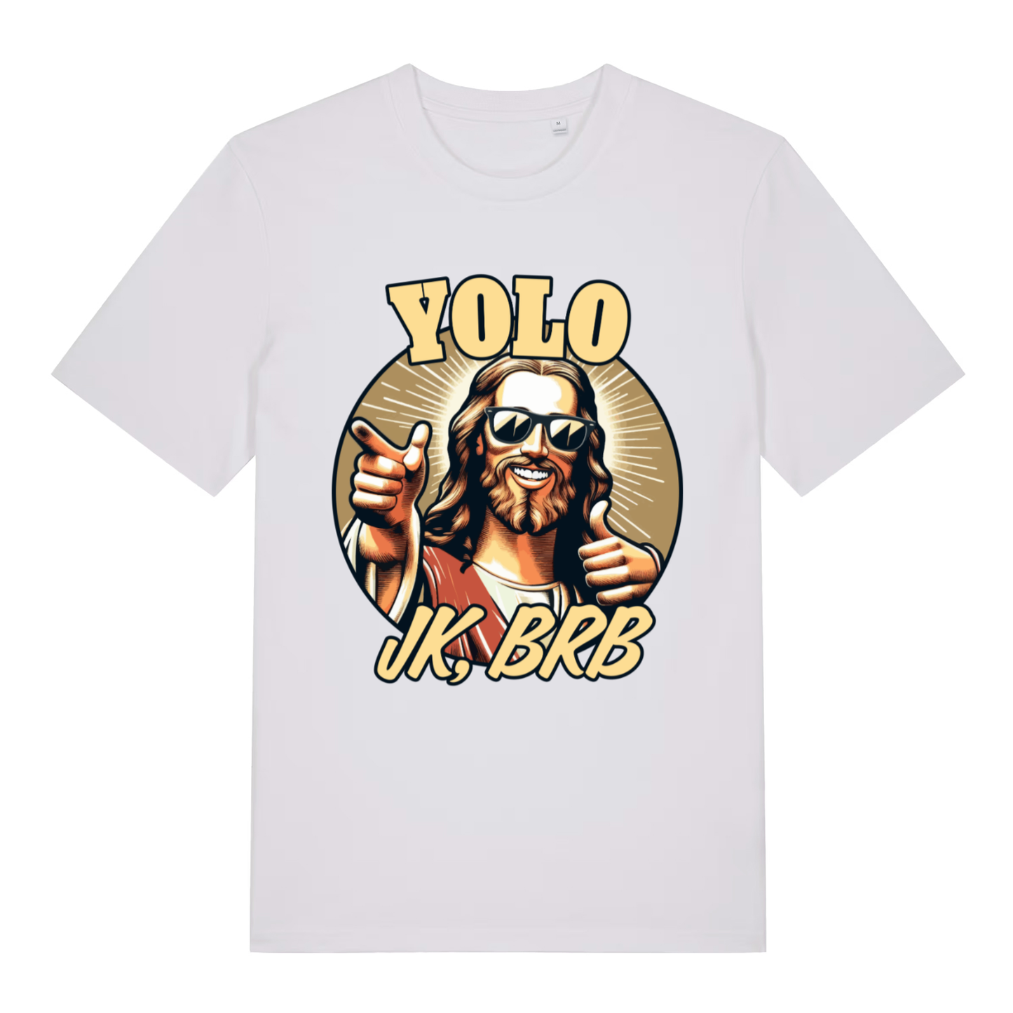 White YOLO JK BRB men’s funny Jesus graphic t-shirt with ultimate Sunday joke design
