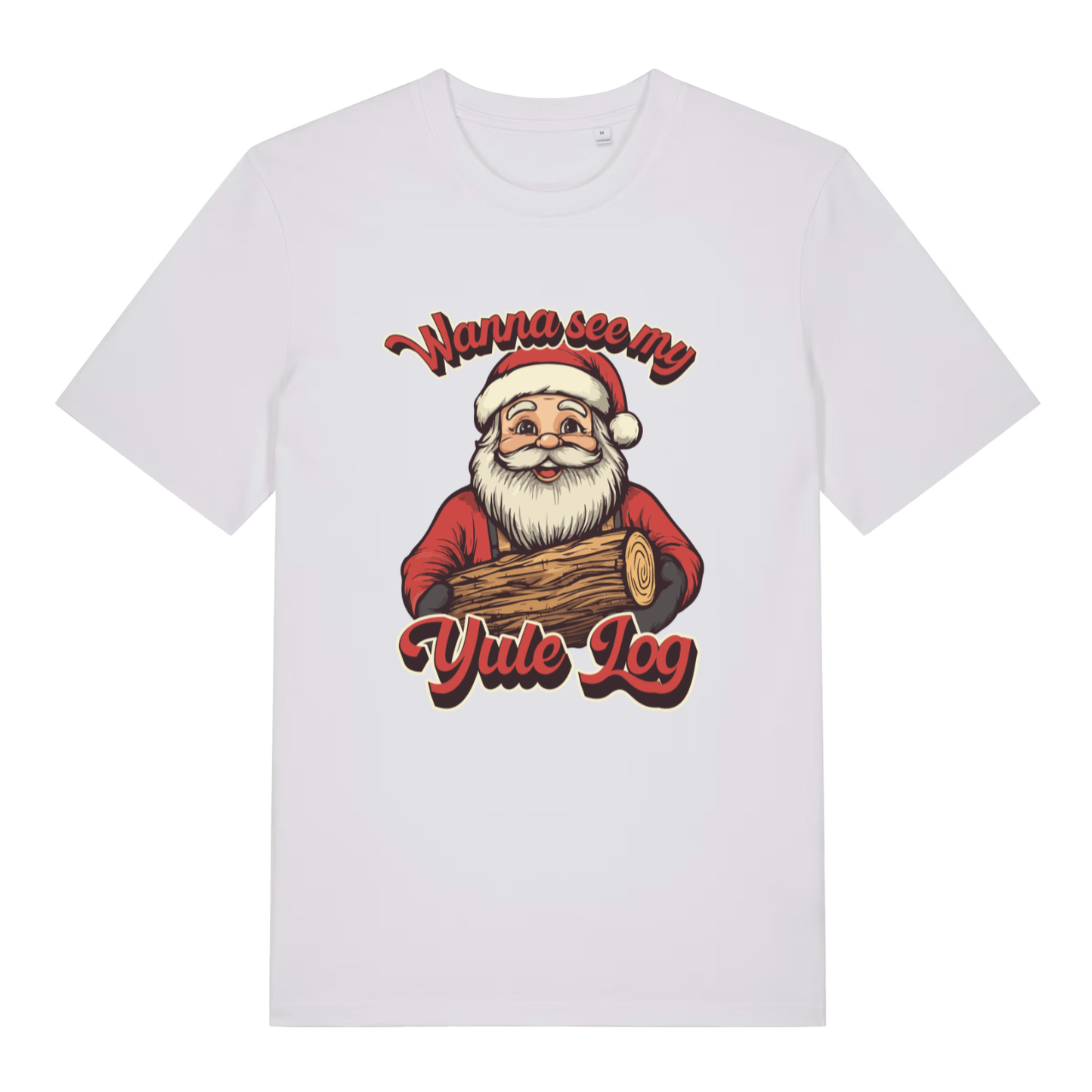 White Wanna See My Yule Log men’s funny Christmas t-shirt with ultimate naughty Santa design