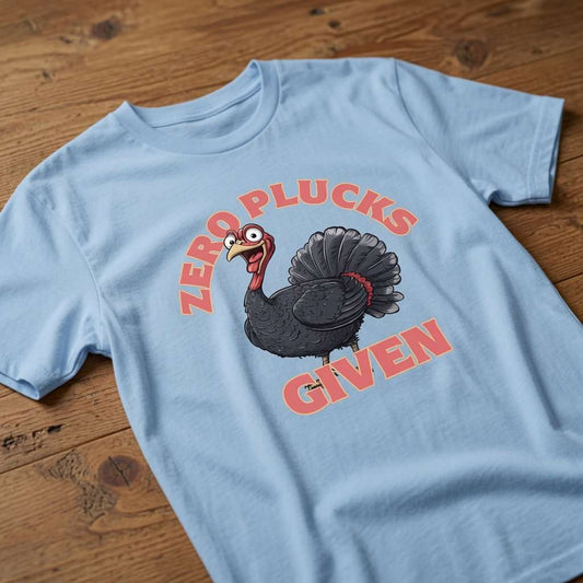 Sky blue Zero Plucks Given t-shirt laid flat on a wooden surface showing the full turkey graphic, cheeky turkey pun shirt full of pure attitude