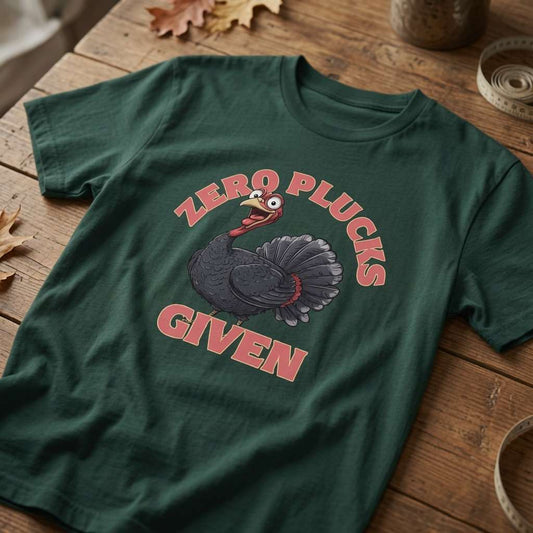 Green Zero Plucks Given t-shirt laid flat on a wooden surface with autumn leaves, Christmas shirt design that every cheeky lad will claim