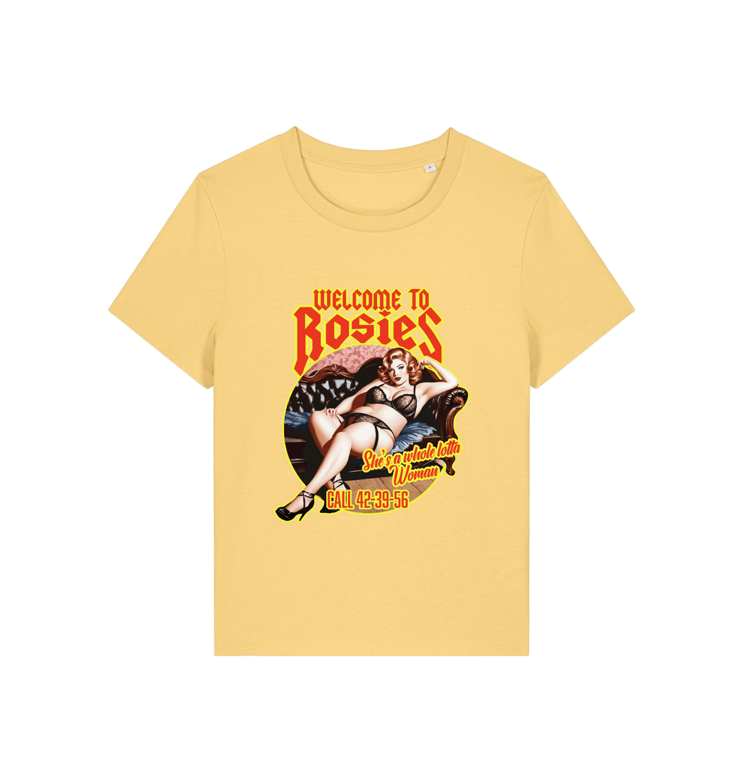 yellow music t-shirt with the graphic of a woman in her underwear and the slogan 'welcome to rosies'