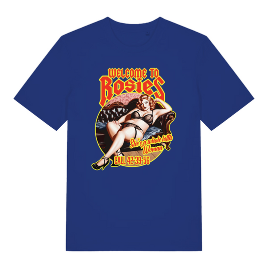 blue music t-shirt with the graphic of a retro woman sat in her underwear and the slogan 'welcome to rosies'