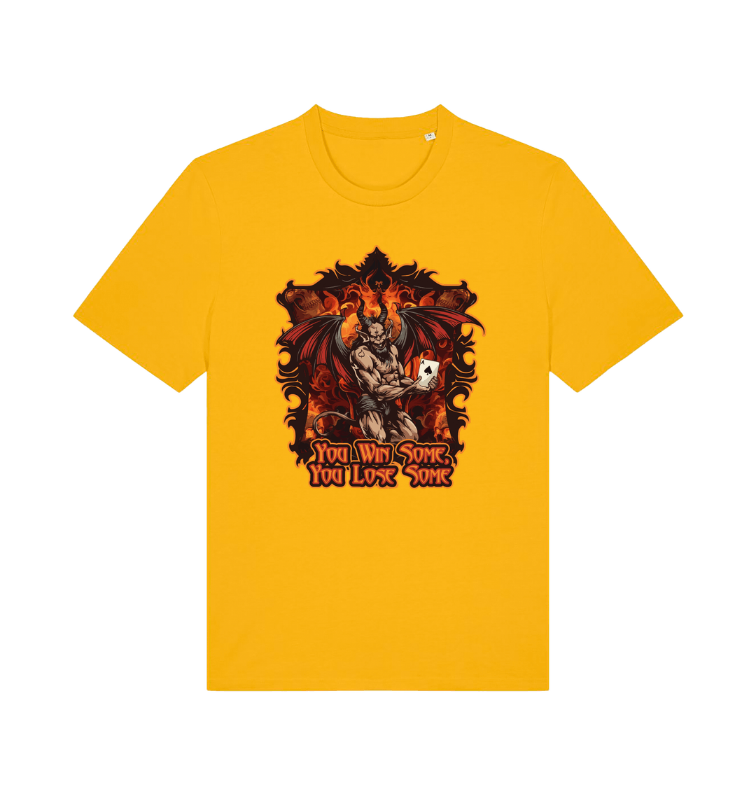 Yellow music t-shirt with the graphic of the devil holding a playing card