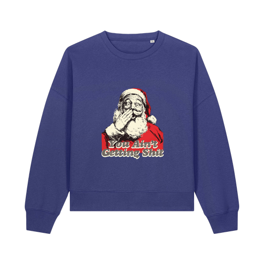 blue christmas sweater with a graphic of santa and the slogan 'you aint getting shit'