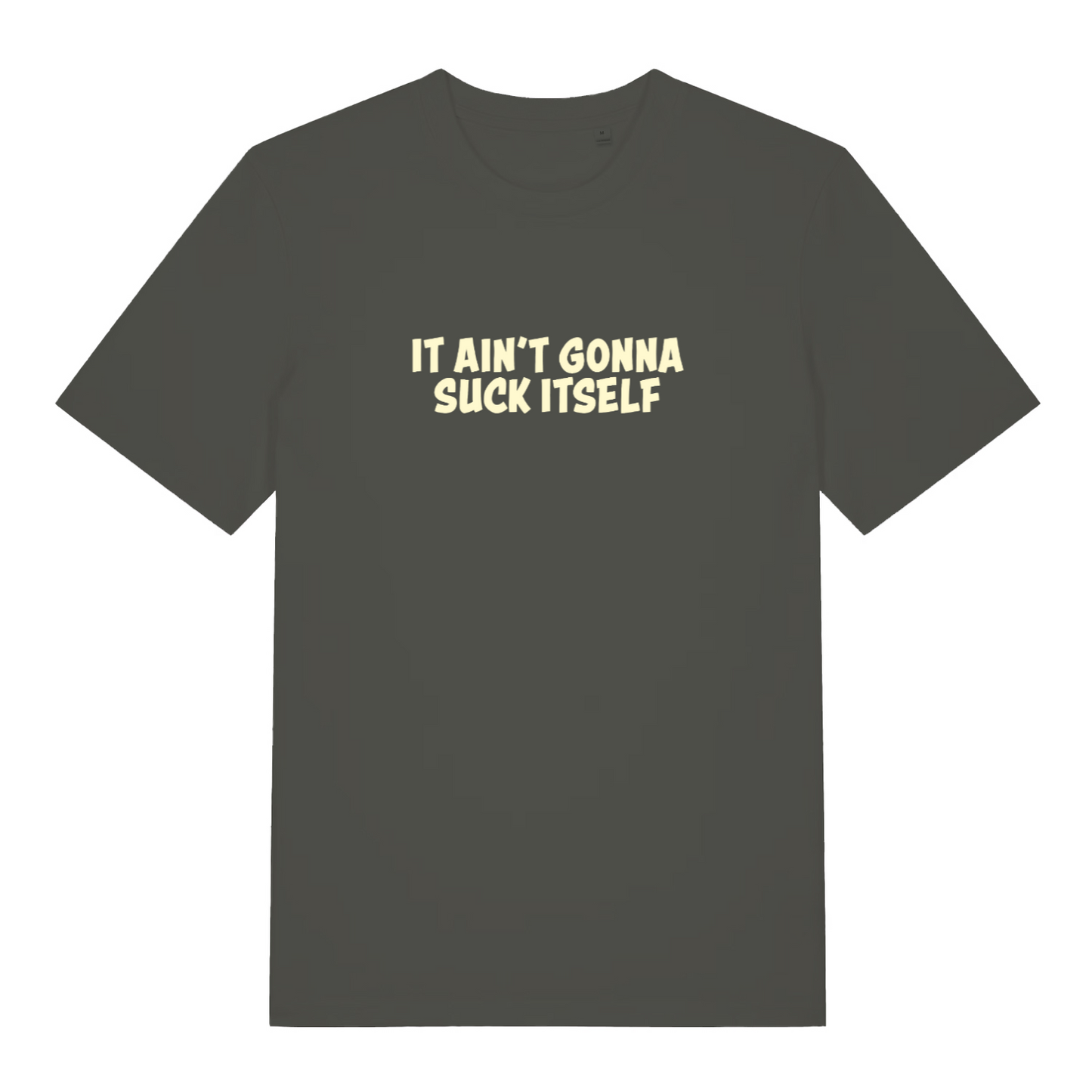 khaki funny offensive t-shirt with the slogan 'it aint gonna suck itself'