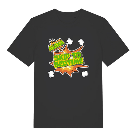 black women's funny slogan t-shirt with the text 'alexa skip to bedtime'