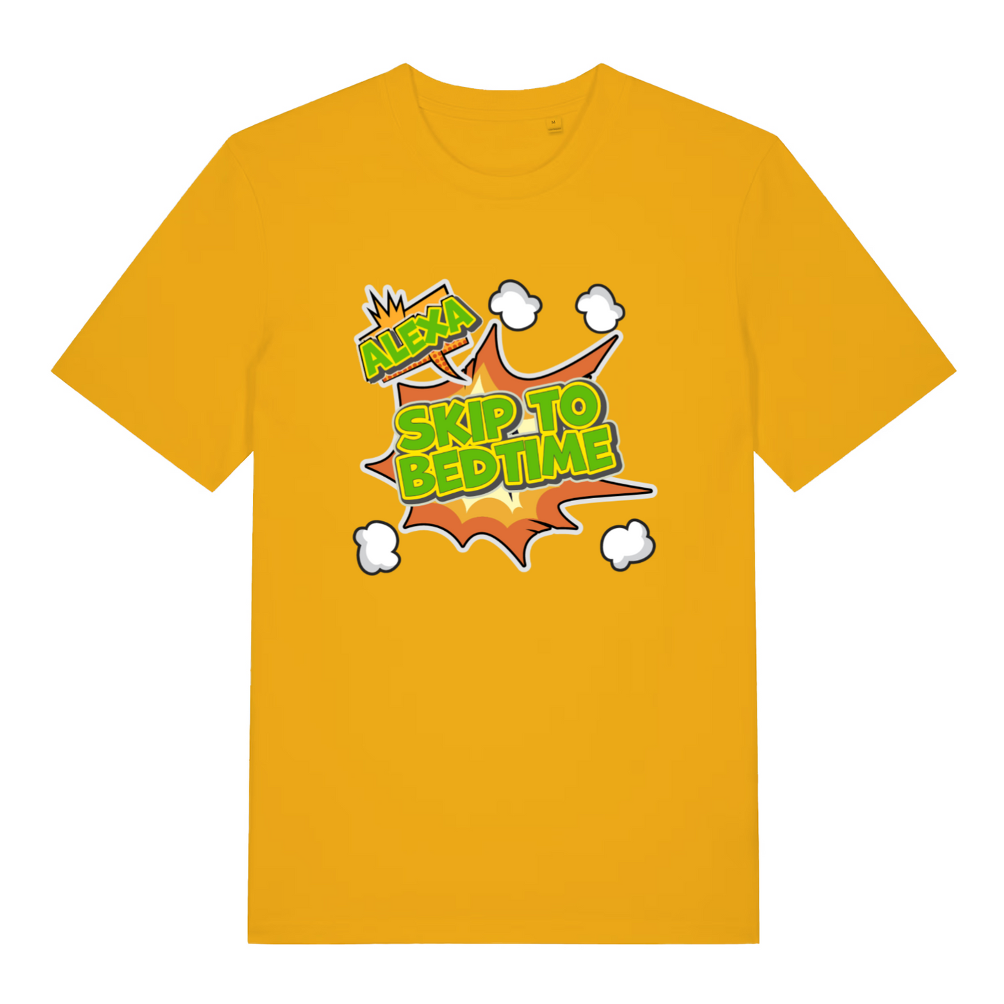 yellow women's funny slogan t-shirt with the text 'alexa skip to bedtime'