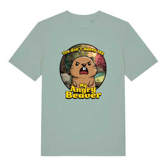 green women's funny animal t-shirt with the graphic of a beaver and the slogan 'you don't wanna see my angry beaver'