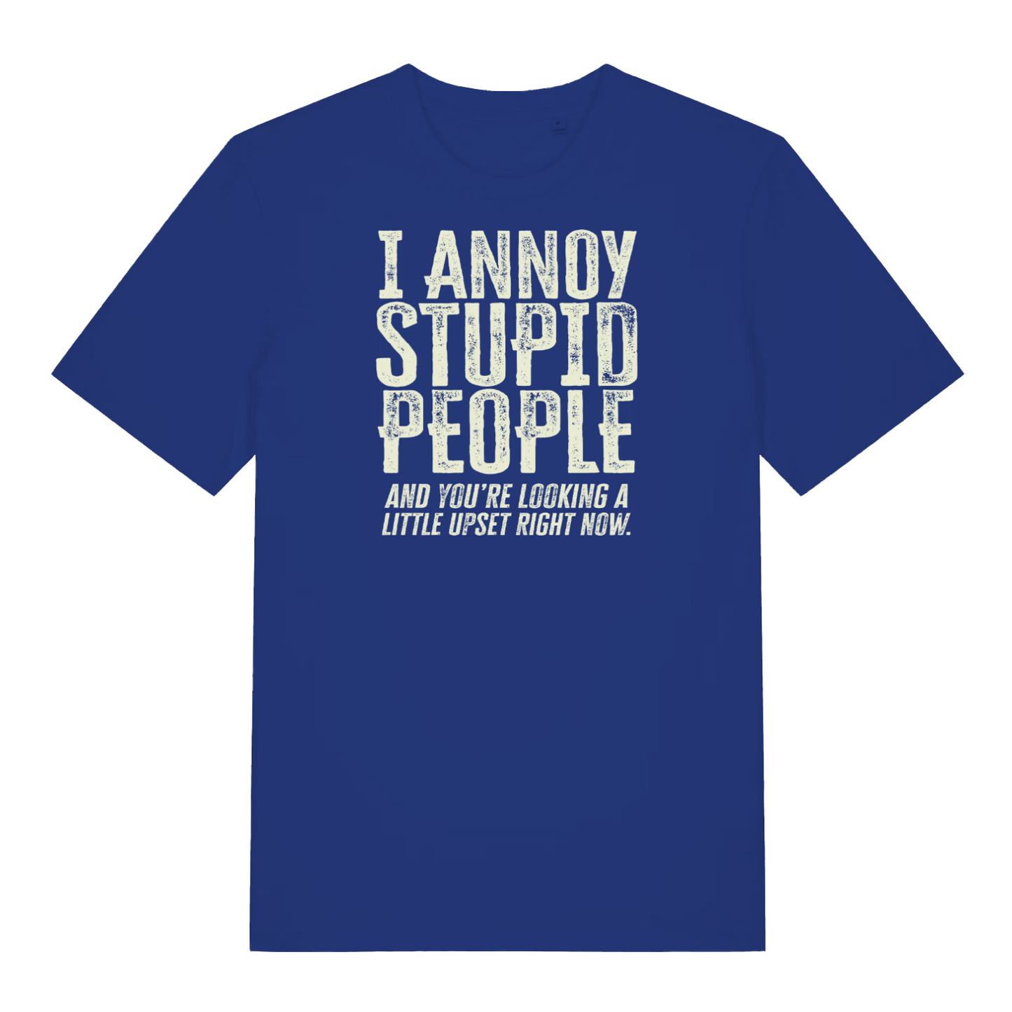 blue funny slogan t-shirt with the text ' I annoy stupid people and you're looking a little upset now'