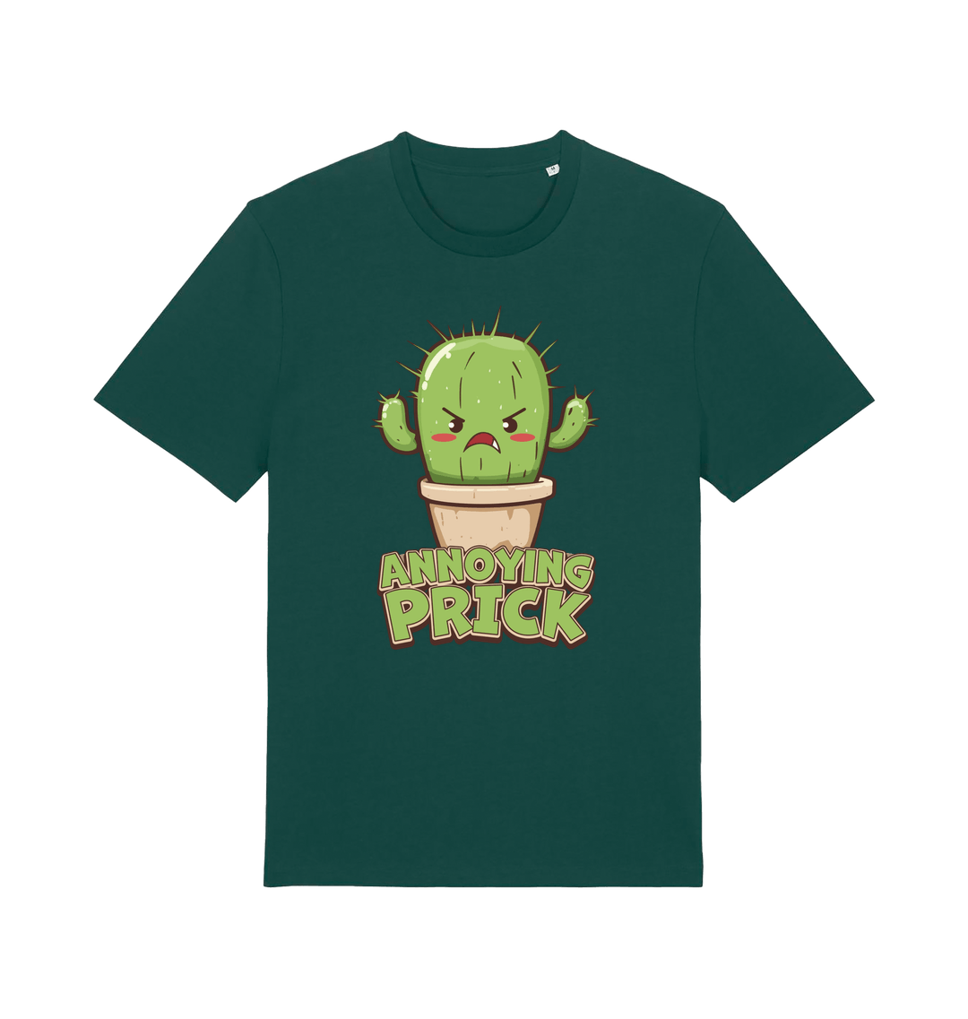 Green funny t-shirt with a kawaii cartoon cactus and the slogan Annoying Prick
