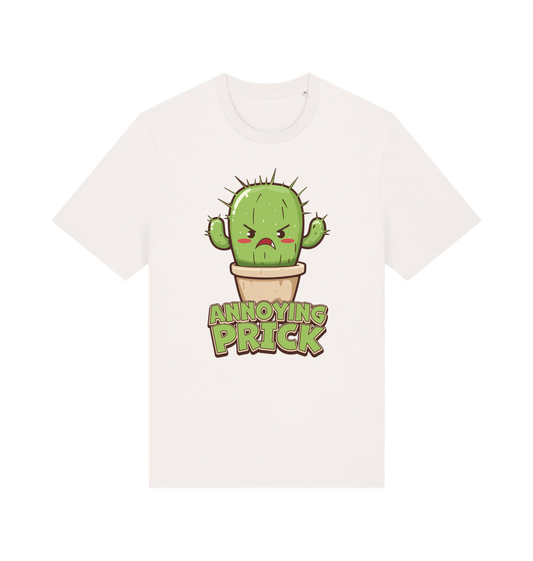 White funny t-shirt with a kawaii cartoon cactus and the slogan Annoying Prick