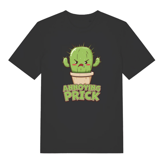 black women's funny offensive graphic t-shirt with the graphic of a cactus and the words 'annoying prick'
