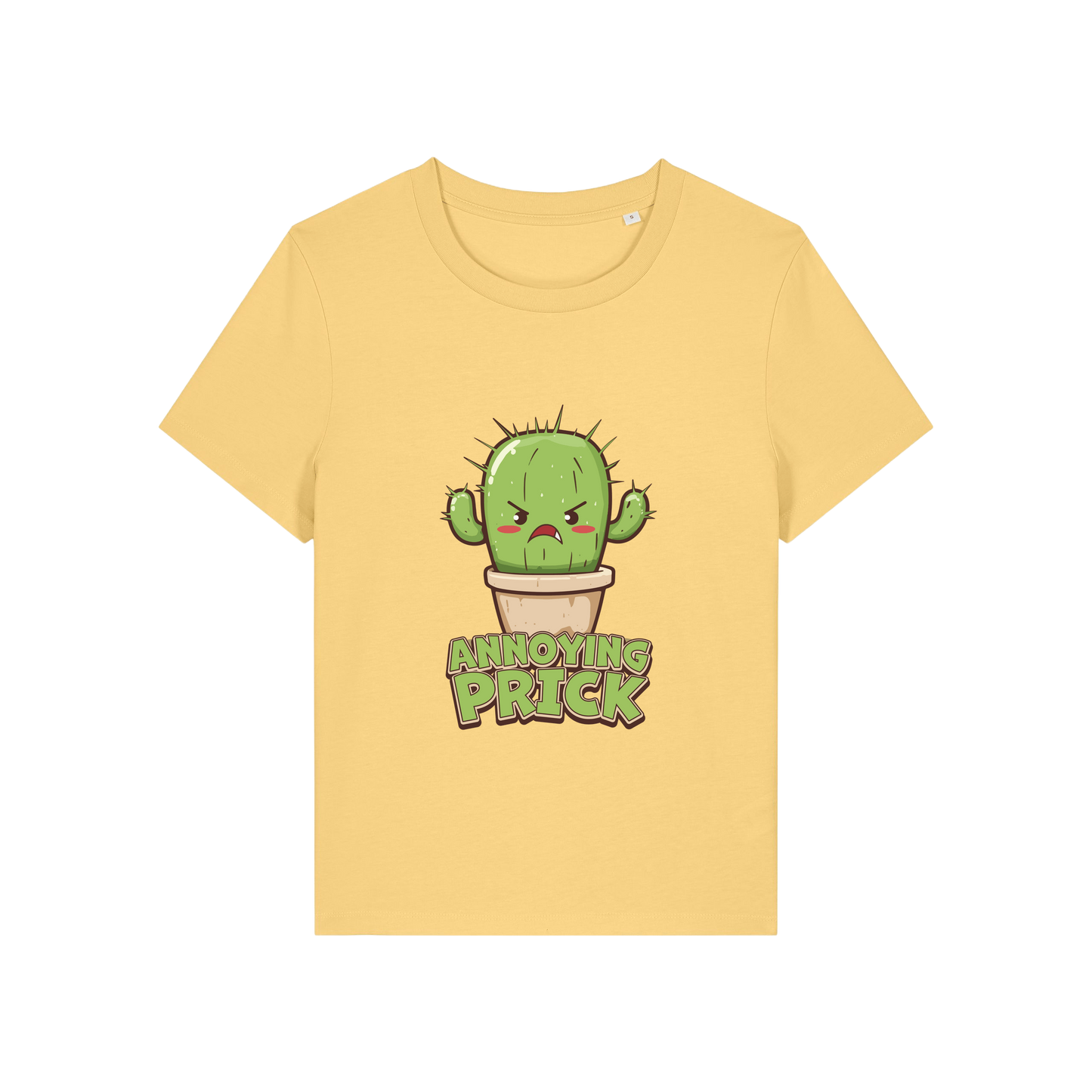 yellow funny offensive t-shirt with the graphic of a cactus and the slogan 'annoying prick'