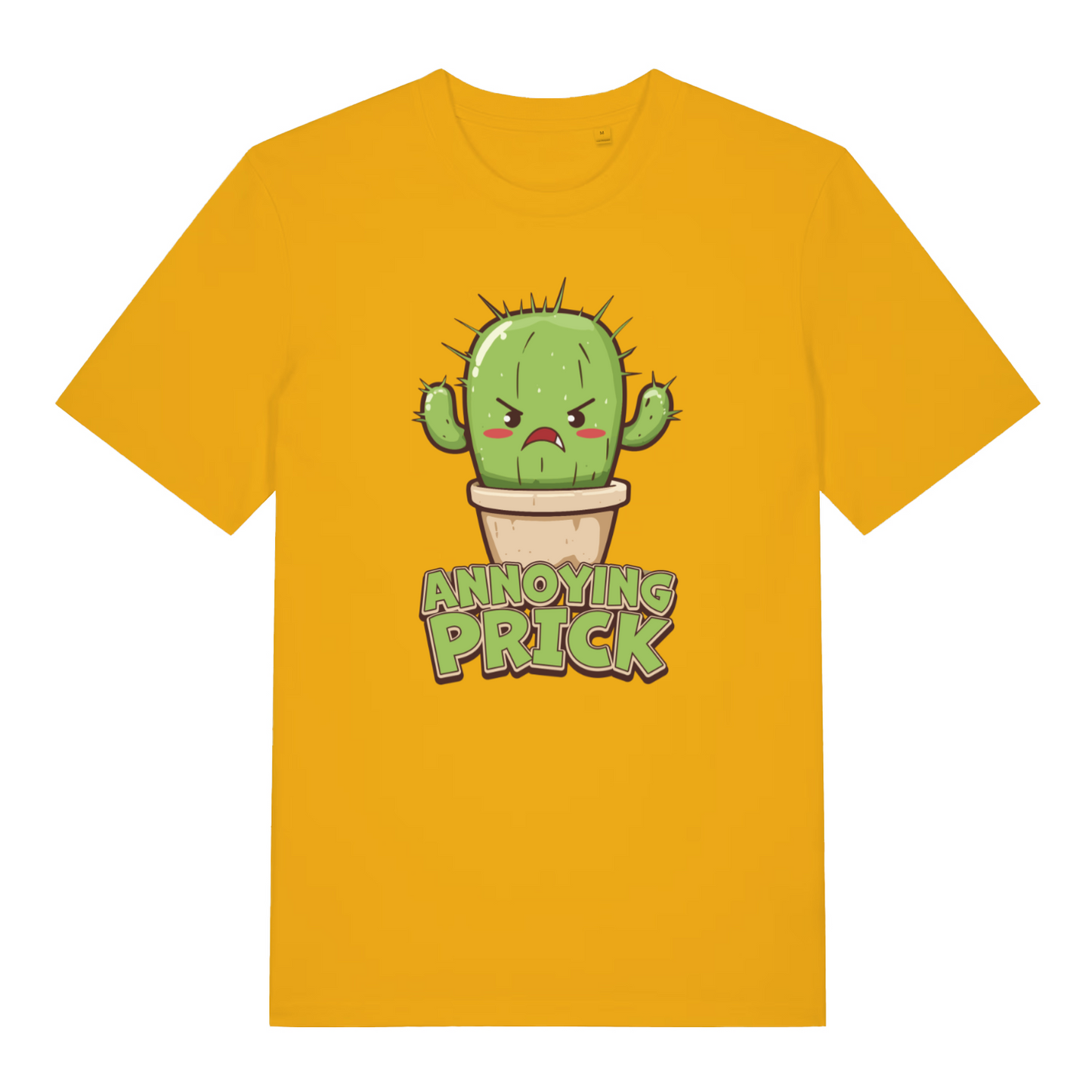 yellow women's funny offensive graphic t-shirt with the graphic of a cactus and the words 'annoying prick'