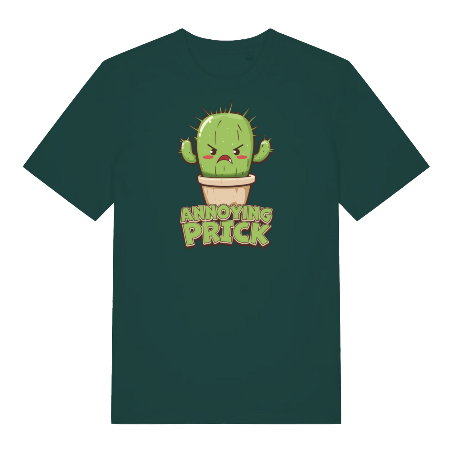 green funny offensive t-shirt with the graphic of a cactus and the slogan 'annoying prick'