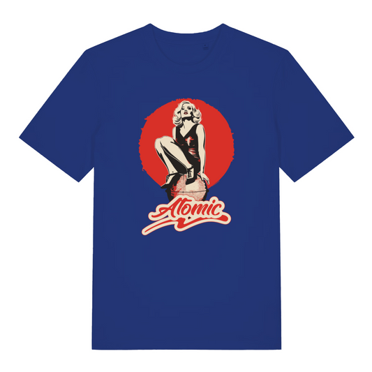 blue women's music t-shirt with a graphic design of a woman in a red circle and 'Atomic' text on a white background