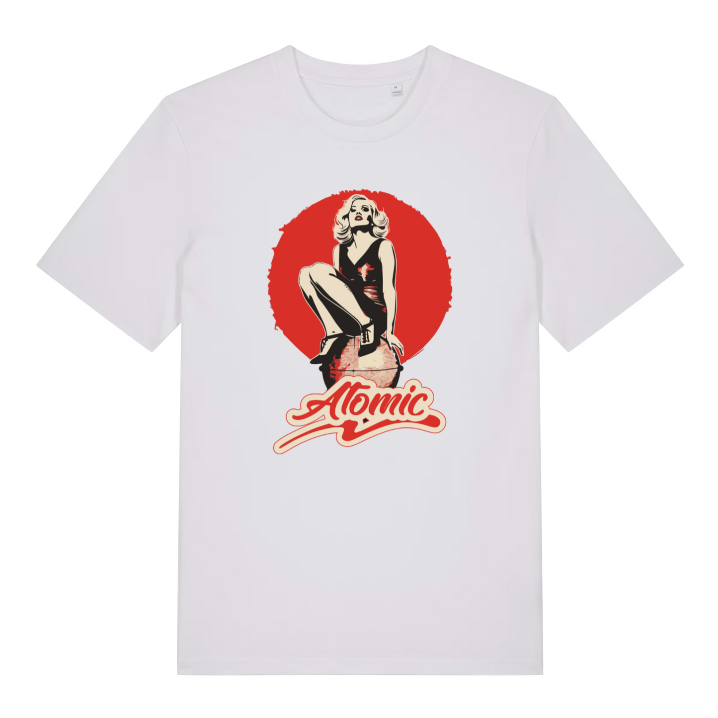 white women's music t-shirt with a graphic design of a woman in a red circle and 'Atomic' text on a white background