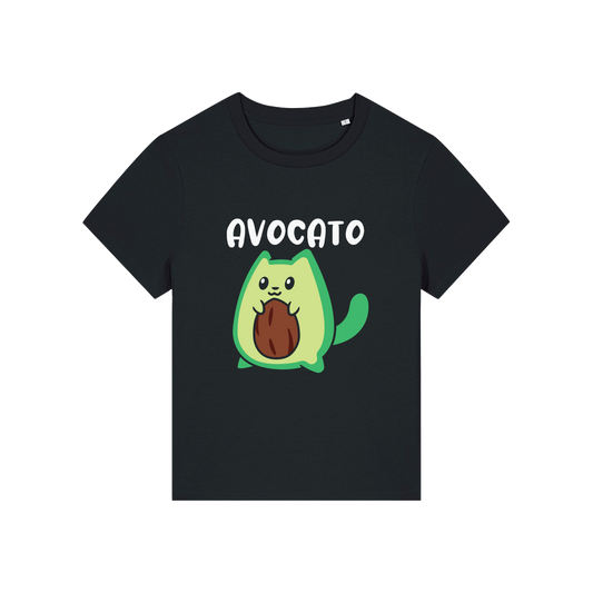 black graphic t-shirt with the slogan 'avocato' and the graphic of a cat dressed as an avocado