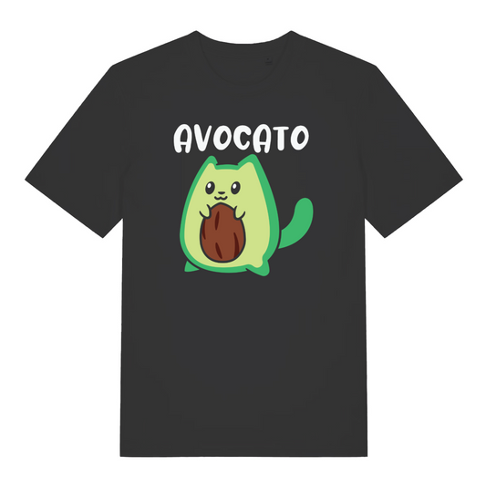 black women's graphic t-shirt with a cartoon avacado design and the word 'avocato'