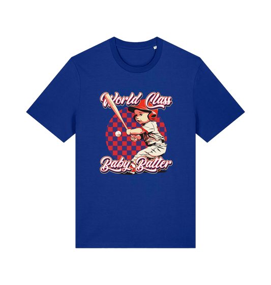 Blue offensive t-shirt with the graphic of a baby baseball player