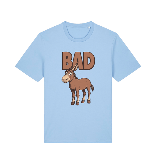 Light blue graphic t-shirt with a cartoon donkey and the word 'bad'