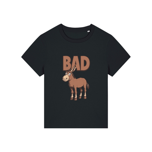 black funny animal t-shirt with the graphic of a donkey and the word 'bad'
