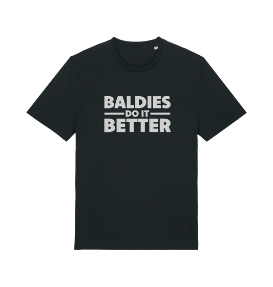 Black slogan t-shirt with 'Baldies Do It Better' text