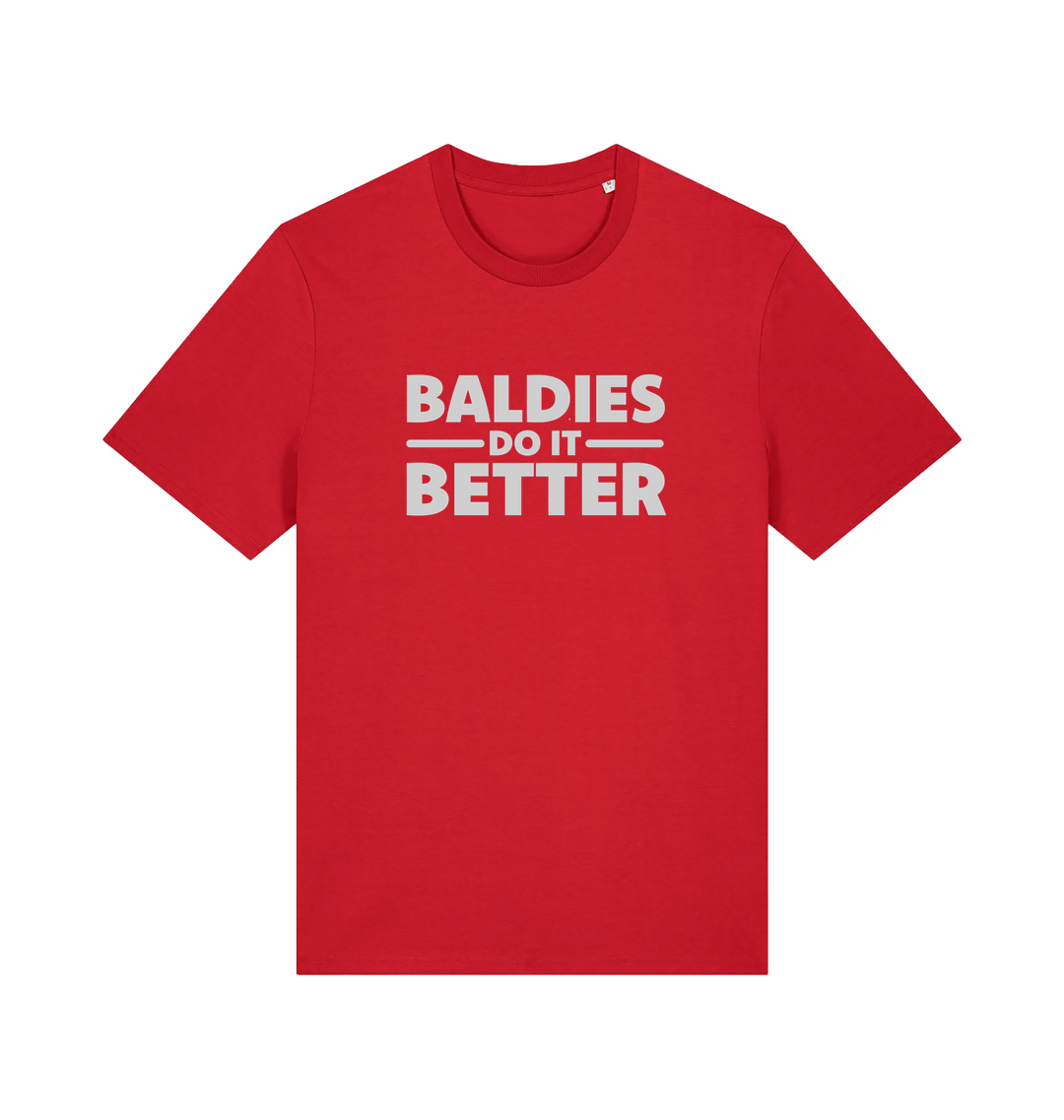 Red slogan t-shirt with 'Baldies Do It Better' text