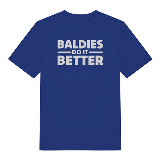 blue funny slogan t-shirt that reads 'baldies do it better'