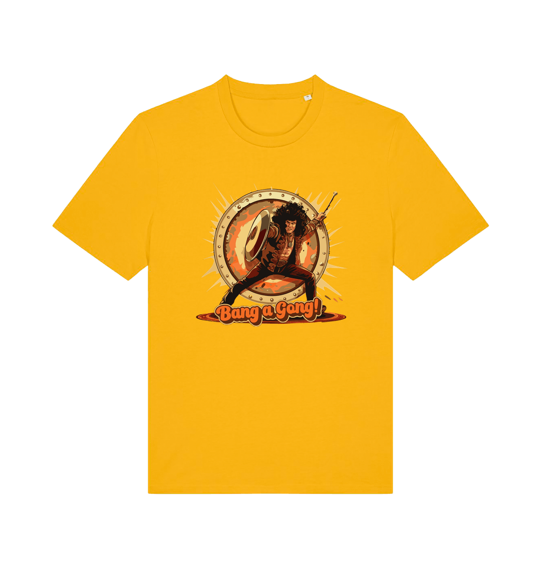 Yellow music t-shirt with a graphic design featuring a person with a drum and 'Bang a Gong!'