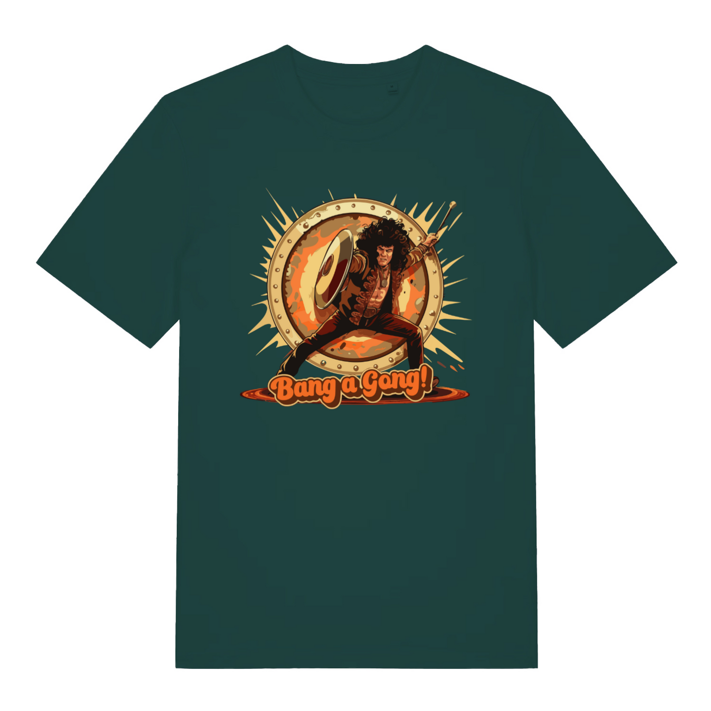 green women's music t-shirt with the graphic of a man banging a gong and the slogan 'bang a gong'