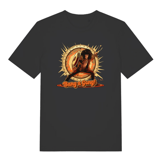 Black music t-shirt with a graphic design featuring a warrior and 'Bang a Gong!' text