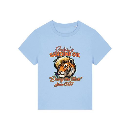 light blue funny graphic t-shirt inspired by the docu series tiger king featuring the graphic of a iger and the slogan 'baskins sardine oil'