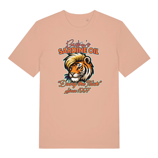peach women's funny graphic t-shirt with a graphic tiger design and the slogan 'baskin's sardine oil'