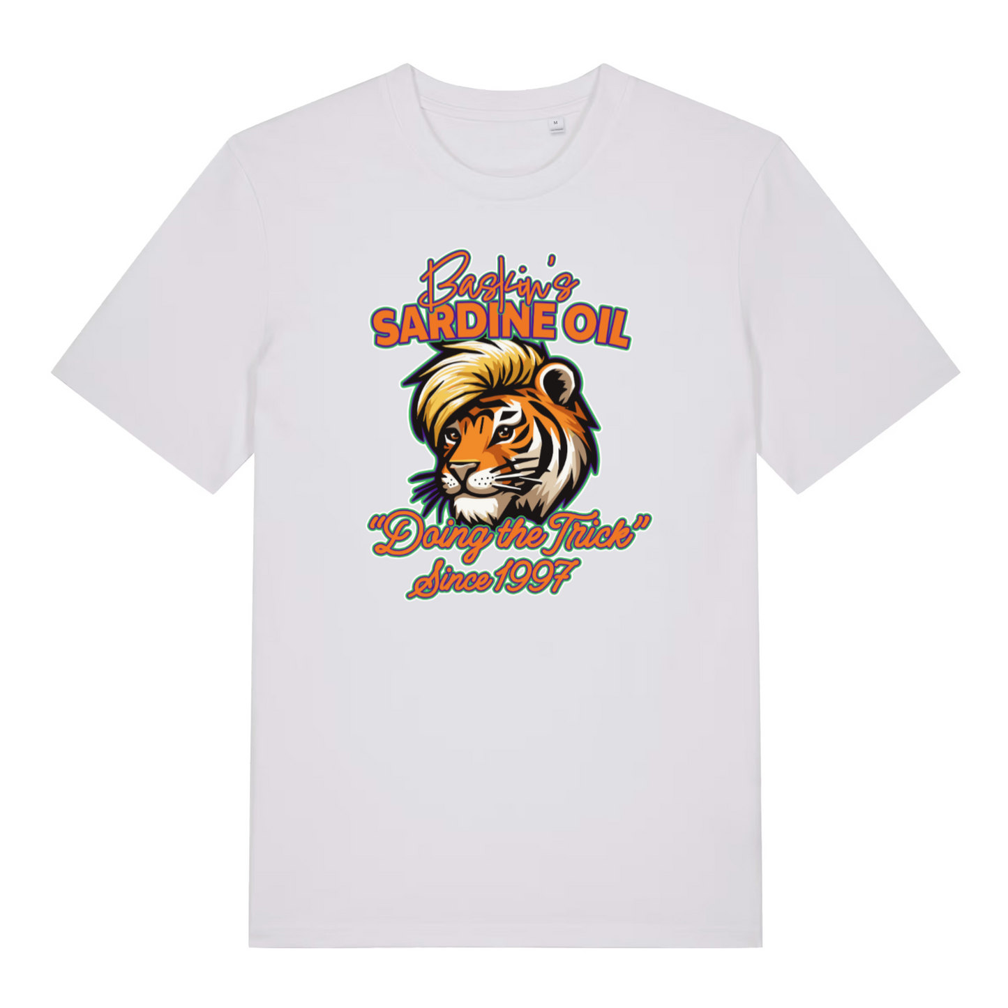 white women's funny graphic t-shirt with a graphic tiger design and the slogan 'baskin's sardine oil'