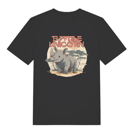 black women's funny animal t-shirt with the graphic of a rhino and the slogan 'battle unicorn'