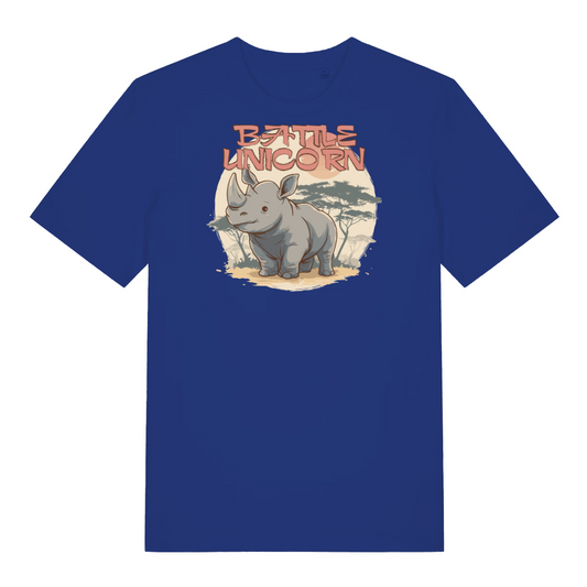 blue funny animal t-shirt with the graphic of a rhino and the slogan 'battle unicorn'