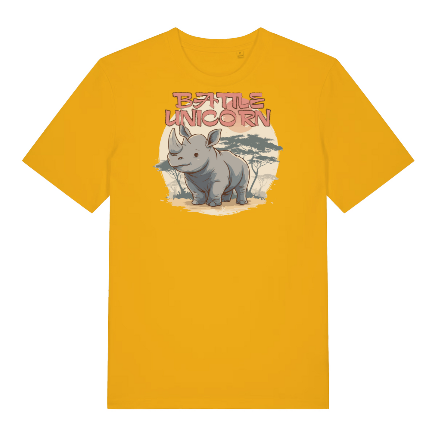 yellow funny animal t-shirt with the graphic of a rhino and the slogan 'battle unicorn'