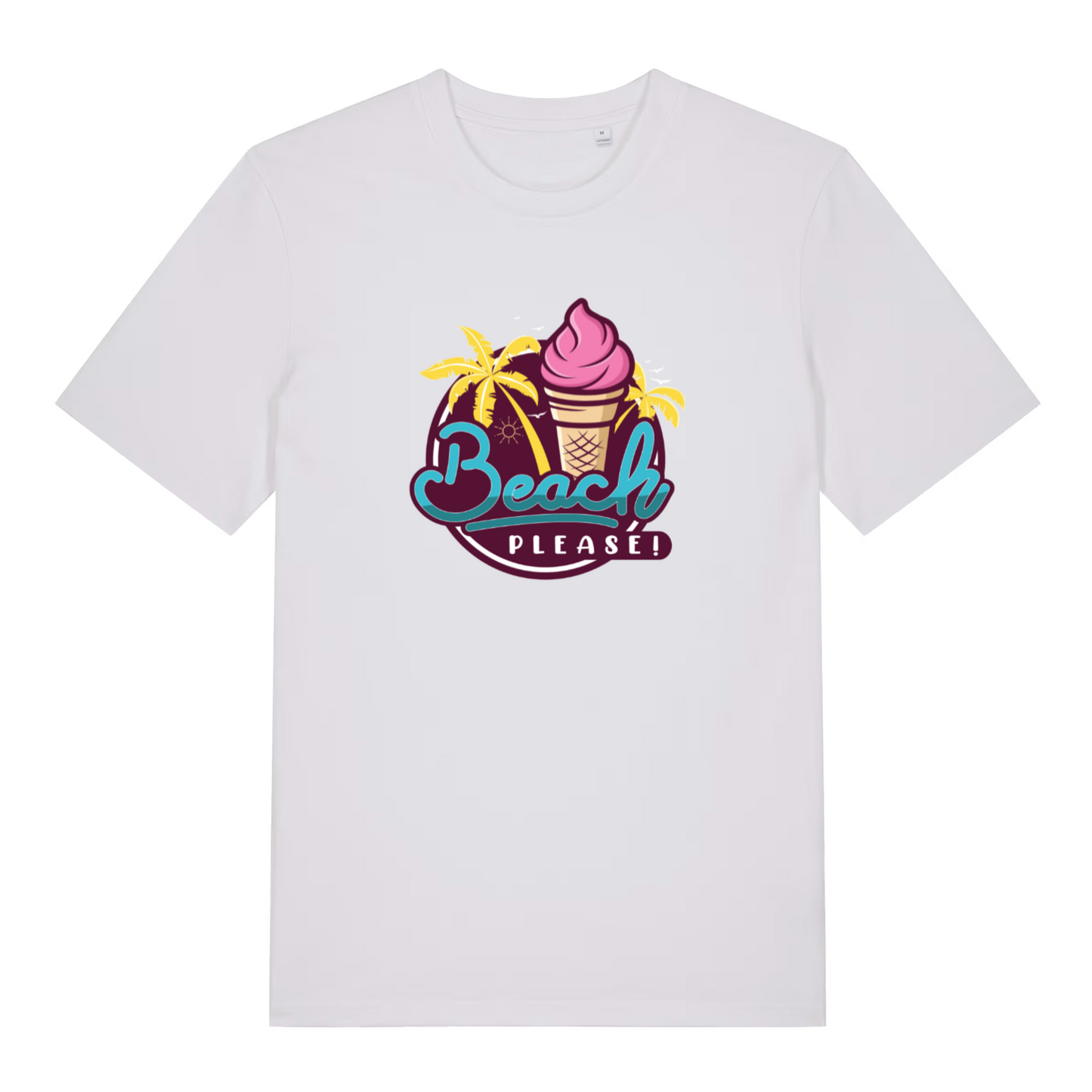 white women's graphic t-shirt with ice cream cone and palm tree design on a white background