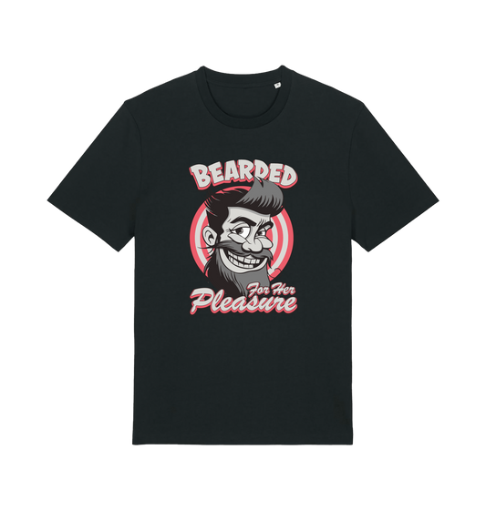 black funny offensive t-shirt featuring a man smiling and the text 'bearded for her pleasure'