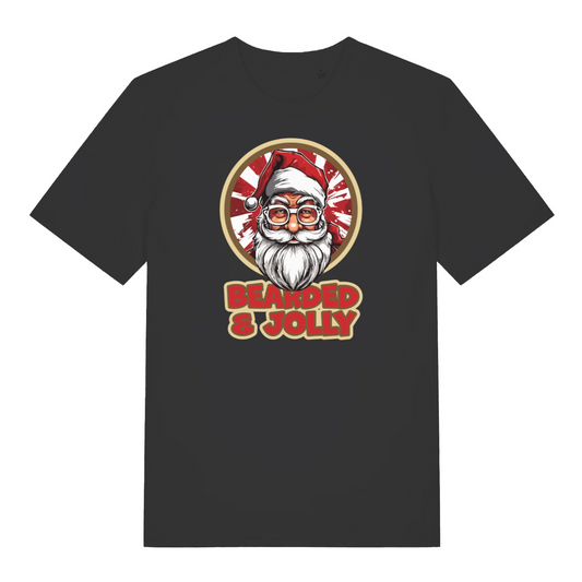 black christmas t-shirt with the graphic of santa claus and the slogan 'bearded and jolly'